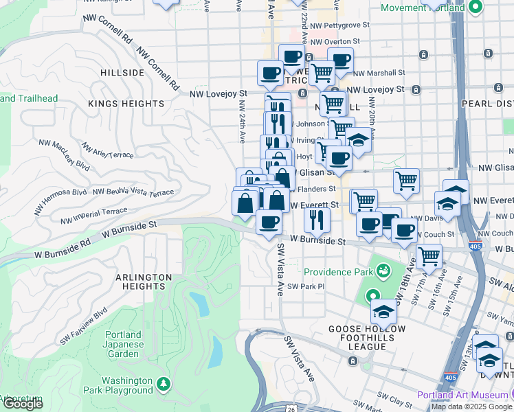 map of restaurants, bars, coffee shops, grocery stores, and more near 2361 Northwest Westover Road in Portland