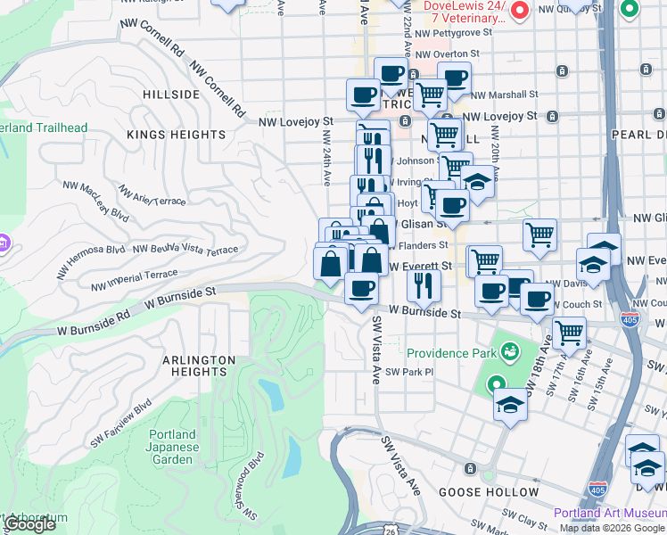 map of restaurants, bars, coffee shops, grocery stores, and more near 2361 Northwest Westover Road in Portland