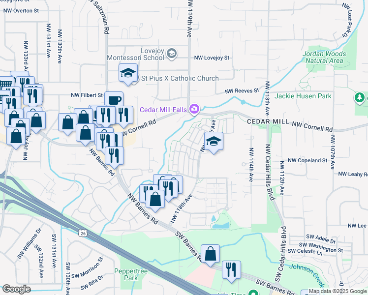 map of restaurants, bars, coffee shops, grocery stores, and more near 625 Northwest Lost Springs Terrace in Portland