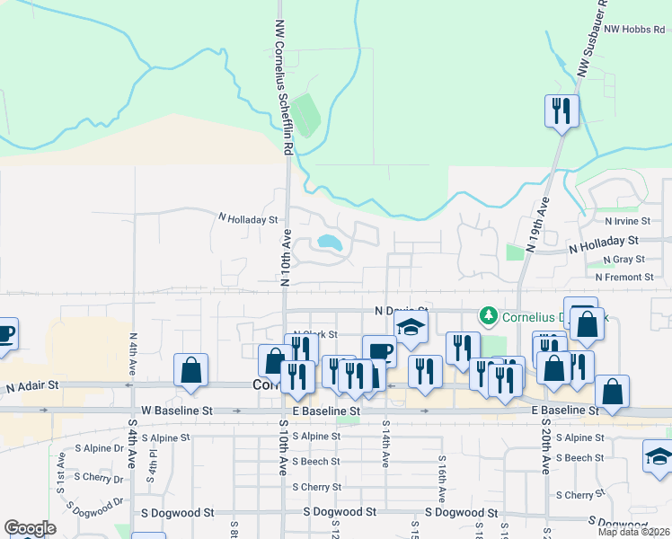 map of restaurants, bars, coffee shops, grocery stores, and more near 570 North 10th Avenue in Cornelius