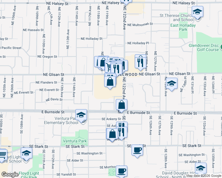 map of restaurants, bars, coffee shops, grocery stores, and more near 11966 Northeast Glisan Street in Portland