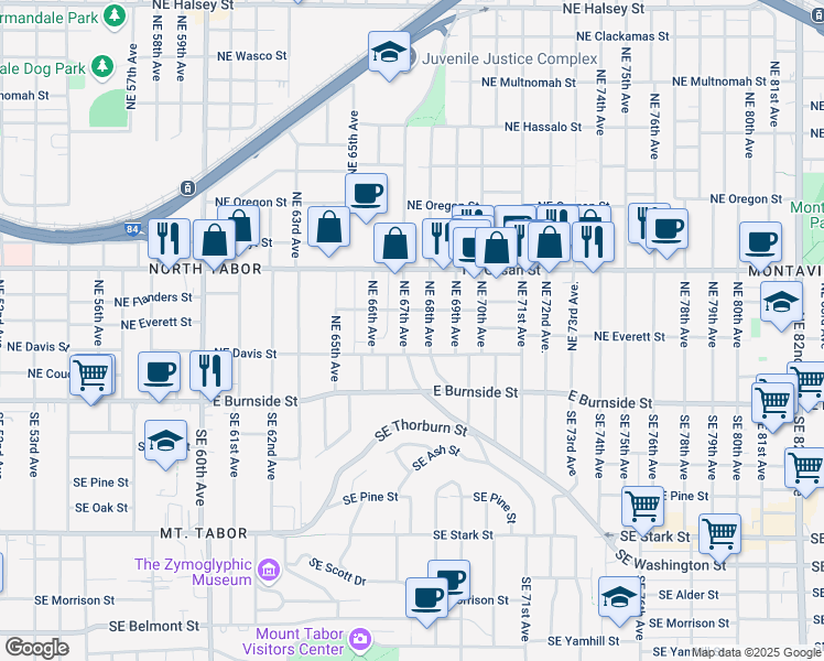 map of restaurants, bars, coffee shops, grocery stores, and more near 240 Northeast 67th Avenue in Portland
