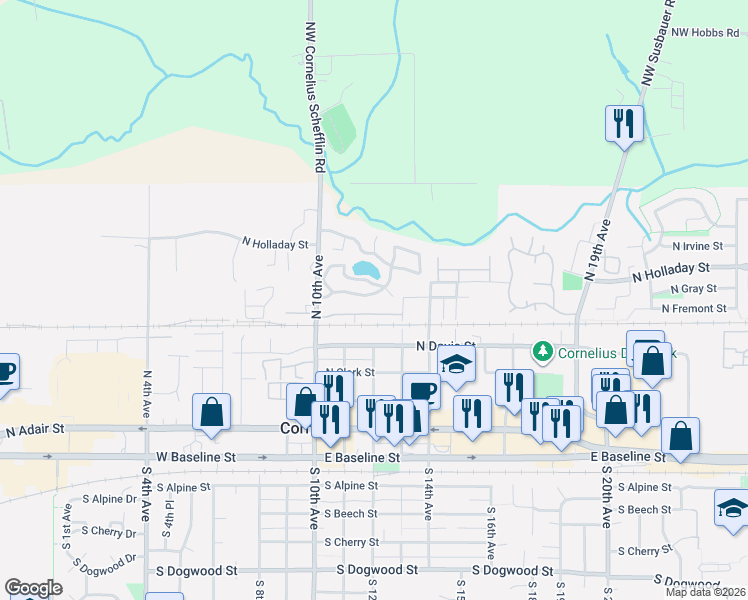 map of restaurants, bars, coffee shops, grocery stores, and more near 570 North 10th Avenue in Cornelius
