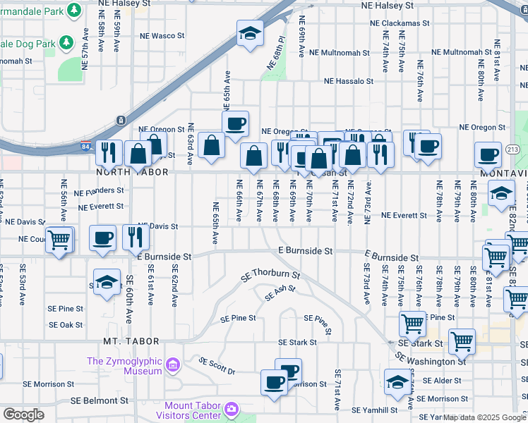 map of restaurants, bars, coffee shops, grocery stores, and more near 240 Northeast 67th Avenue in Portland