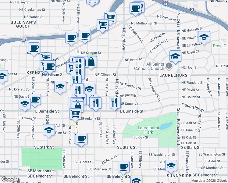 map of restaurants, bars, coffee shops, grocery stores, and more near 3116 Northeast Everett Street in Portland