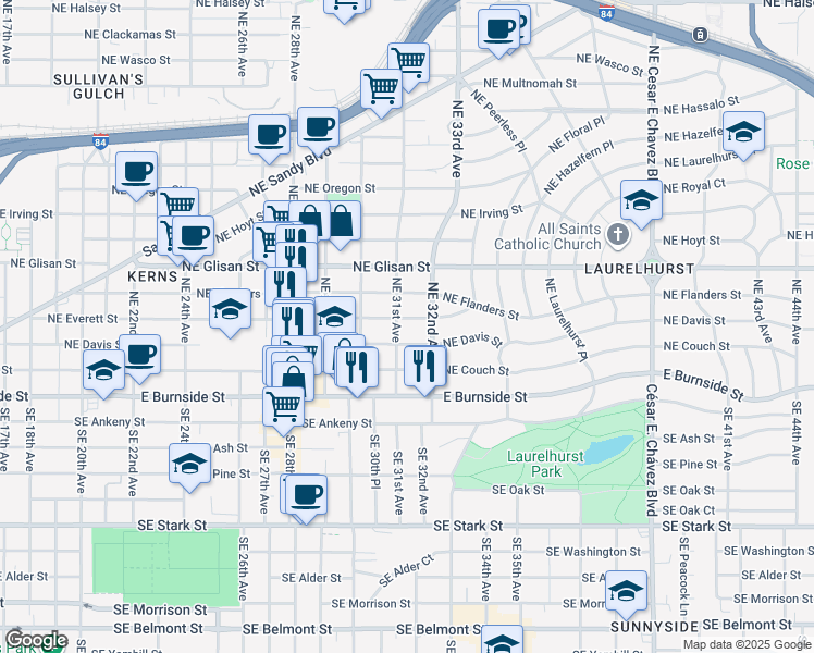 map of restaurants, bars, coffee shops, grocery stores, and more near 3116 Northeast Everett Street in Portland