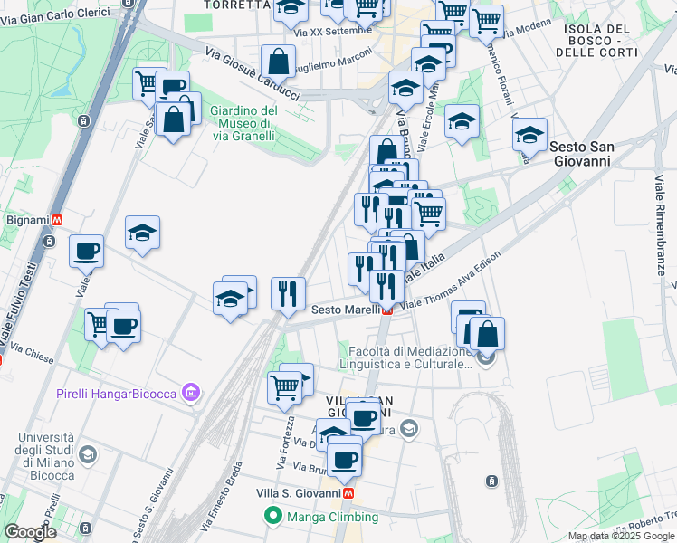 map of restaurants, bars, coffee shops, grocery stores, and more near 18 Via San Marco in Sesto San Giovanni