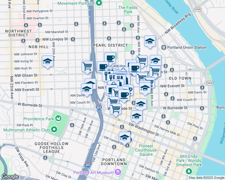 map of restaurants, bars, coffee shops, grocery stores, and more near 224 Northwest 13th Avenue in Portland