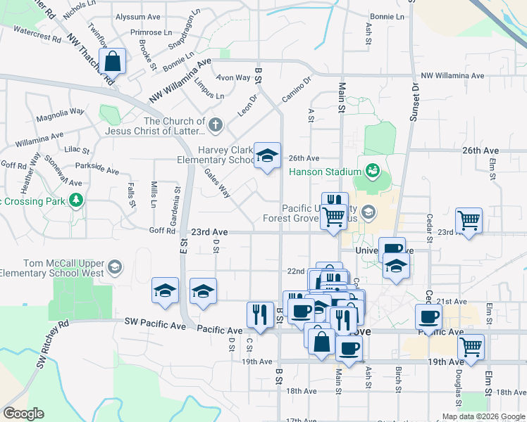 map of restaurants, bars, coffee shops, grocery stores, and more near 1774 Covey Run Drive in Forest Grove