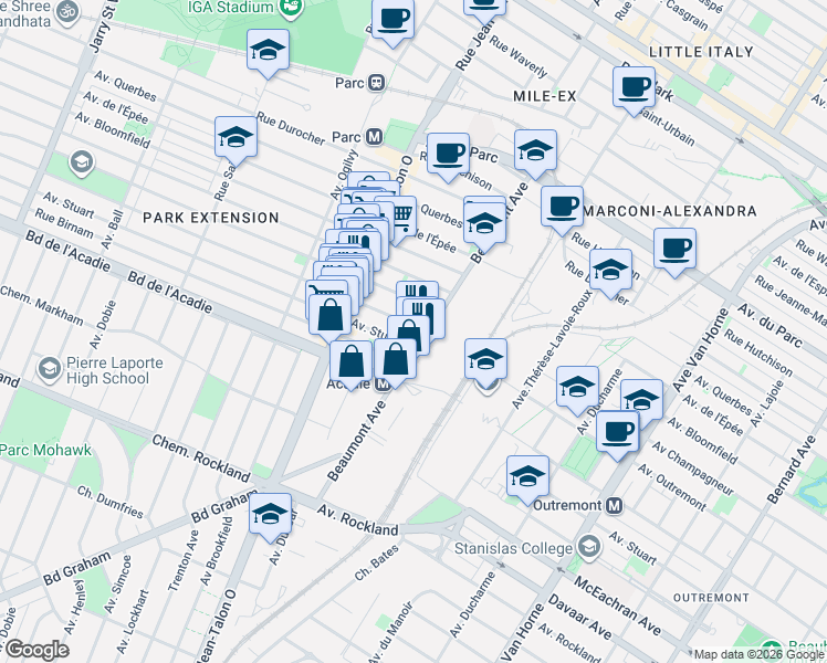 map of restaurants, bars, coffee shops, grocery stores, and more near 6914 Avenue Wiseman in Montréal