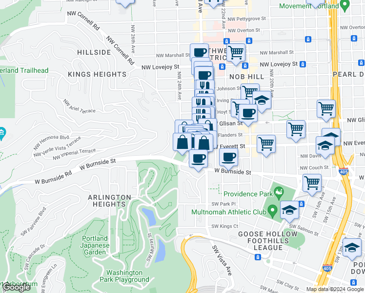 map of restaurants, bars, coffee shops, grocery stores, and more near 2361 Northwest Westover Road in Portland