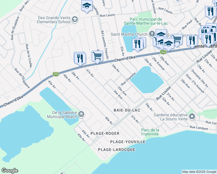 map of restaurants, bars, coffee shops, grocery stores, and more near 106 36e Avenue in Sainte-Marthe-sur-le-Lac
