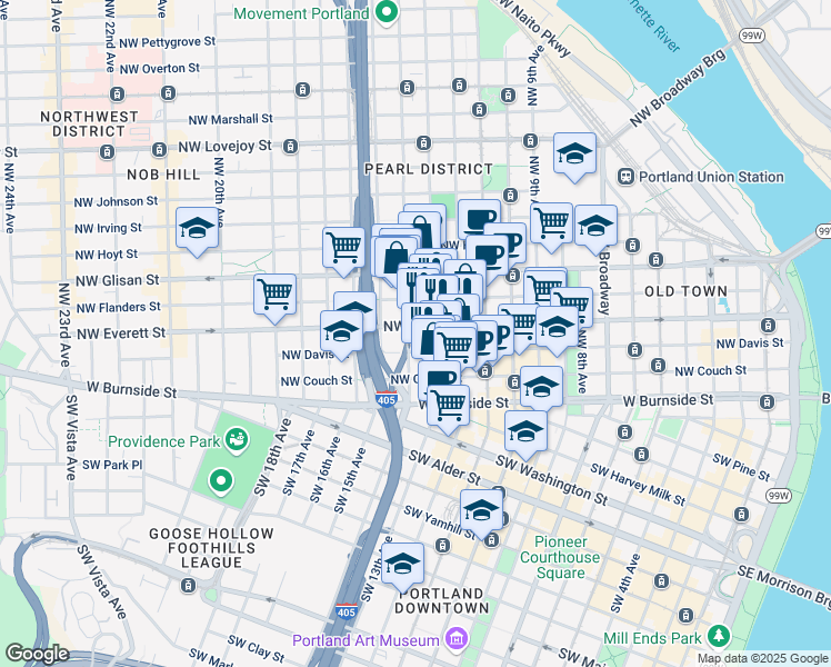 map of restaurants, bars, coffee shops, grocery stores, and more near 234 Northwest 14th Avenue in Portland