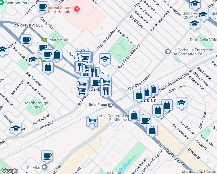map of restaurants, bars, coffee shops, grocery stores, and more near 11825 Ranger Street in Montreal