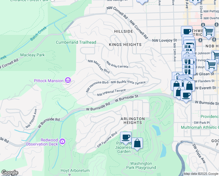 map of restaurants, bars, coffee shops, grocery stores, and more near 2916 Northwest Verde Vista Terrace in Portland