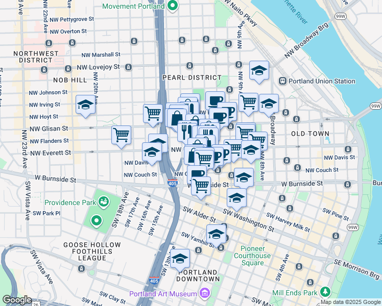 map of restaurants, bars, coffee shops, grocery stores, and more near 234 Northwest 14th Avenue in Portland