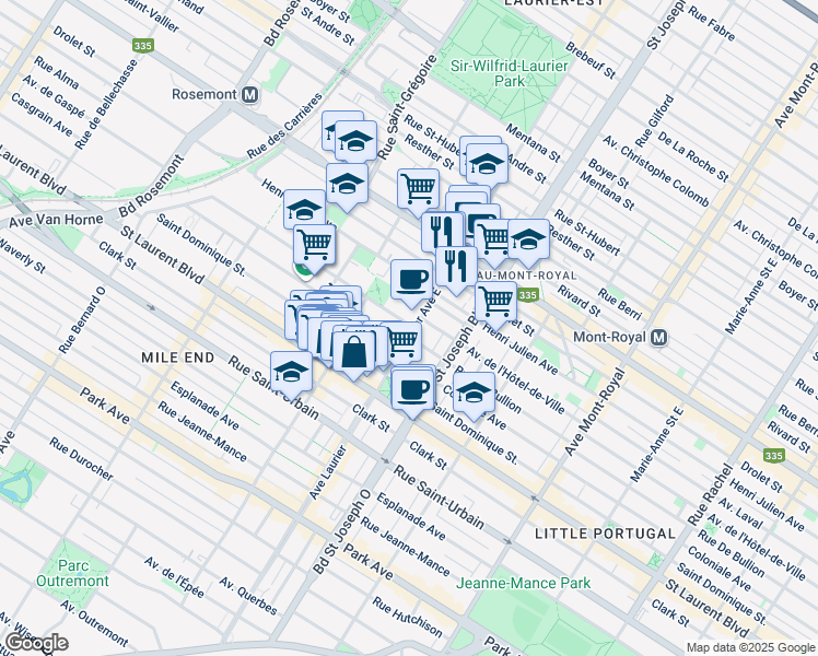 map of restaurants, bars, coffee shops, grocery stores, and more near 1415 Rue Mazurette in Montréal