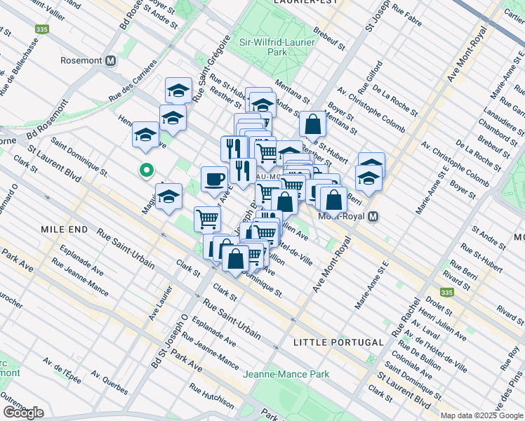 map of restaurants, bars, coffee shops, grocery stores, and more near 4856 Avenue Henri Julien in Montreal
