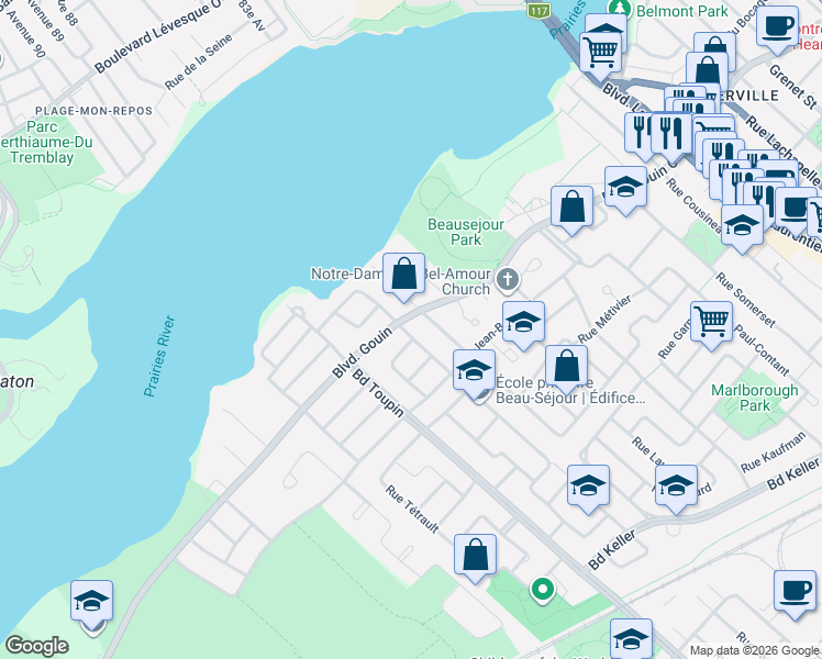 map of restaurants, bars, coffee shops, grocery stores, and more near 12287 Rue Beauséjour in Montréal