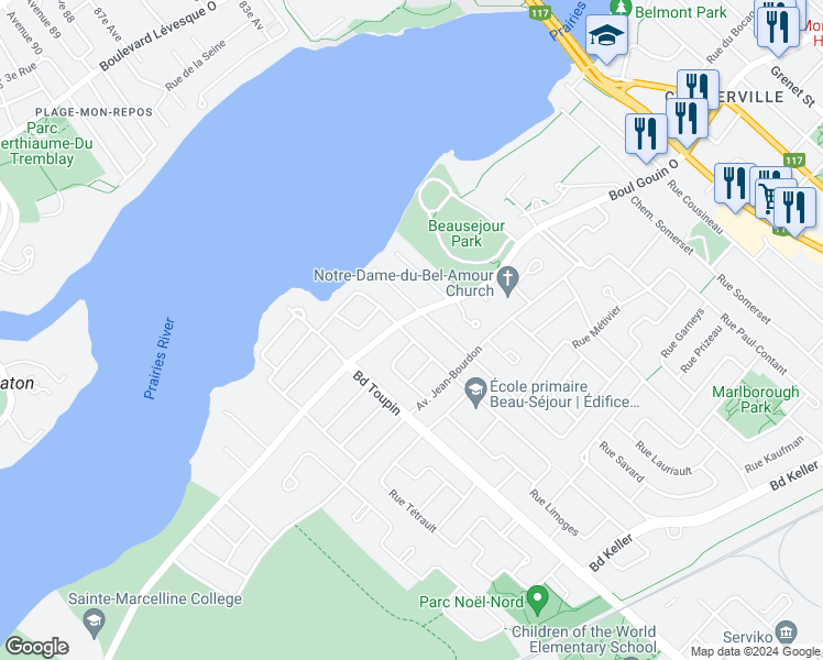 map of restaurants, bars, coffee shops, grocery stores, and more near 12287 Rue Beauséjour in Montréal