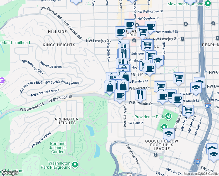 map of restaurants, bars, coffee shops, grocery stores, and more near 2351 Northwest Westover Road in Portland