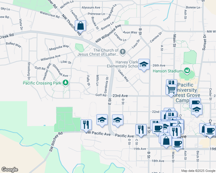 map of restaurants, bars, coffee shops, grocery stores, and more near 2333 Gardenia Street in Forest Grove