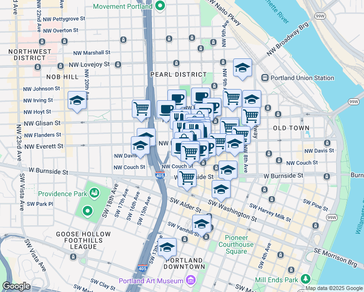 map of restaurants, bars, coffee shops, grocery stores, and more near 224 Northwest 13th Avenue in Portland