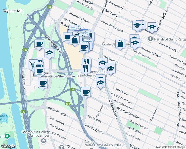map of restaurants, bars, coffee shops, grocery stores, and more near 460 Rue Marquette in Longueuil