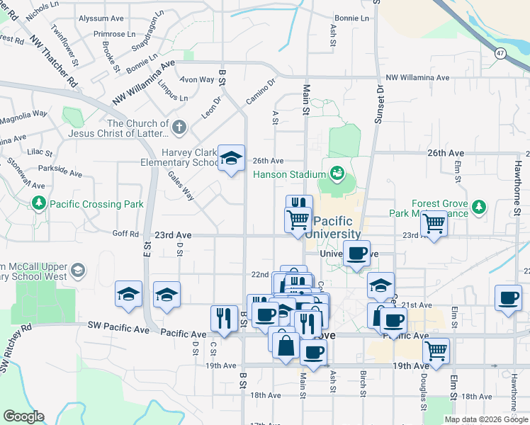 map of restaurants, bars, coffee shops, grocery stores, and more near 2336 A Street in Forest Grove