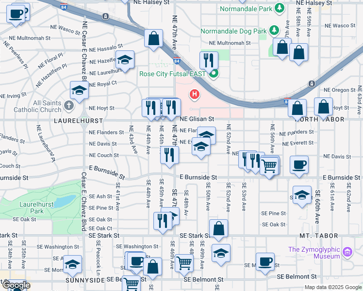 map of restaurants, bars, coffee shops, grocery stores, and more near 4726 Northeast Everett Street in Portland