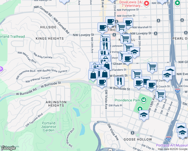 map of restaurants, bars, coffee shops, grocery stores, and more near 2361 Northwest Westover Road in Portland