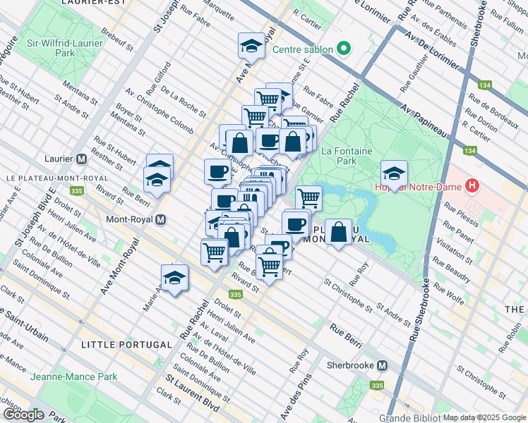 map of restaurants, bars, coffee shops, grocery stores, and more near Rachel Street East & Mentana Street in Montreal