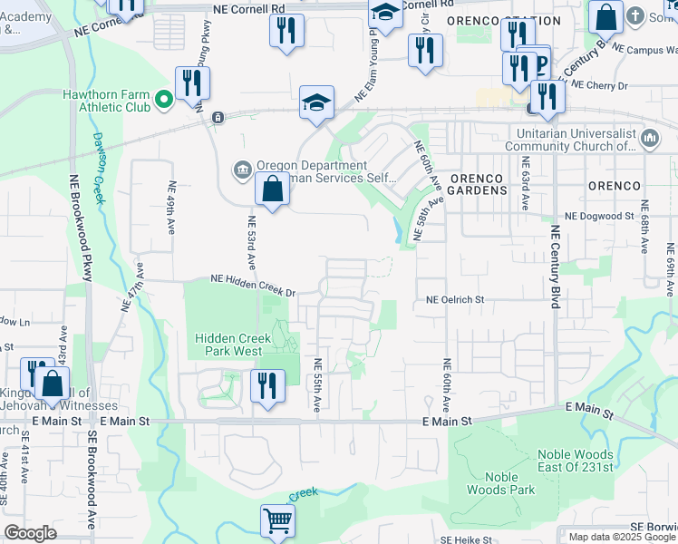 map of restaurants, bars, coffee shops, grocery stores, and more near 5617 Northeast Caddis Drive in Hillsboro