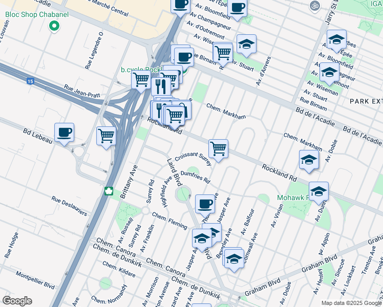 map of restaurants, bars, coffee shops, grocery stores, and more near Surrey Crescent in Mount Royal