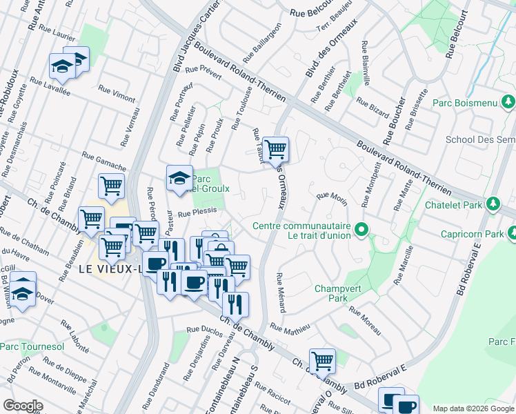 map of restaurants, bars, coffee shops, grocery stores, and more near 223 Terrasse Turgeon in Longueuil
