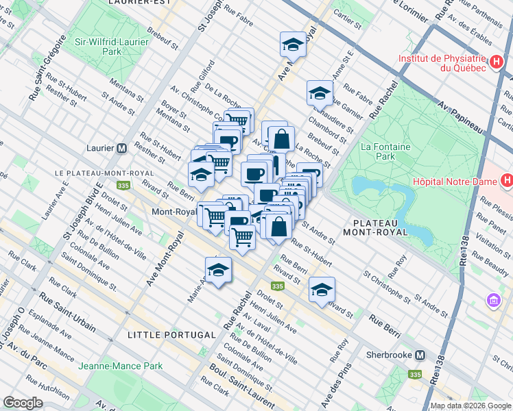 map of restaurants, bars, coffee shops, grocery stores, and more near in Montreal
