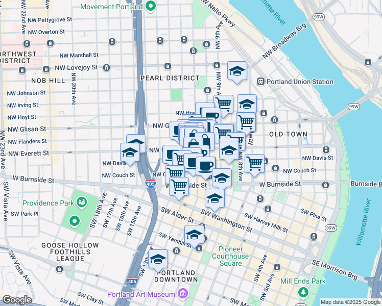 map of restaurants, bars, coffee shops, grocery stores, and more near 1122 Northwest Everett Street in Portland