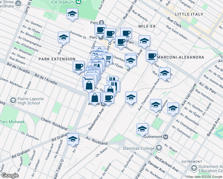 map of restaurants, bars, coffee shops, grocery stores, and more near 6914 Avenue Wiseman in Montréal