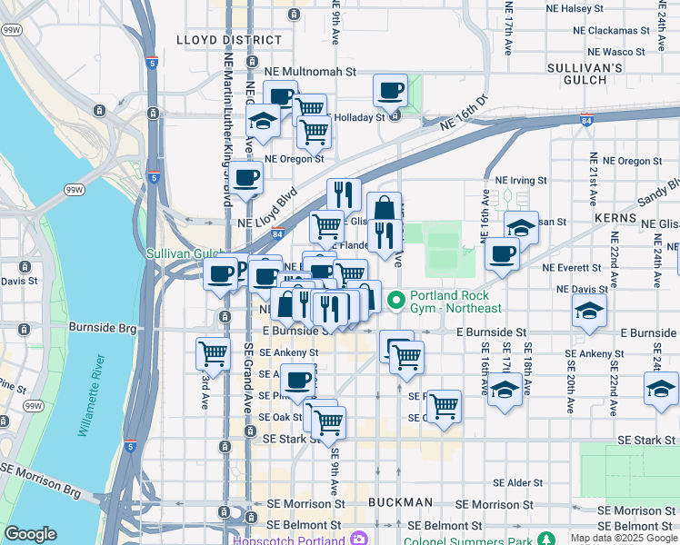 map of restaurants, bars, coffee shops, grocery stores, and more near 232 Northeast 9th Avenue in Portland