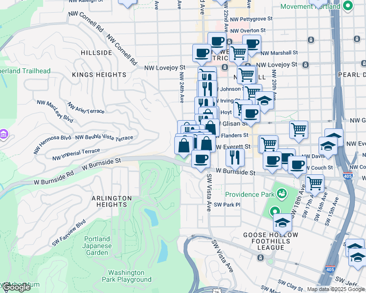 map of restaurants, bars, coffee shops, grocery stores, and more near 2351 Northwest Westover Road in Portland