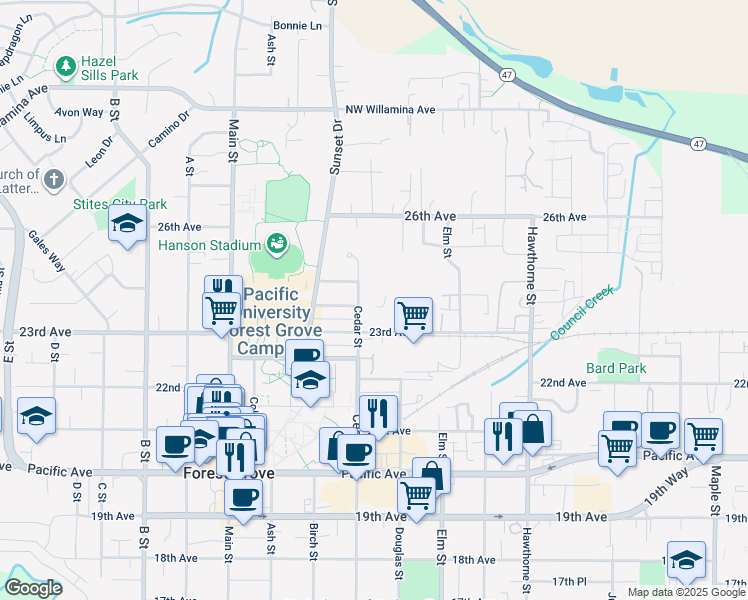 map of restaurants, bars, coffee shops, grocery stores, and more near 2323 Cedar Street in Forest Grove