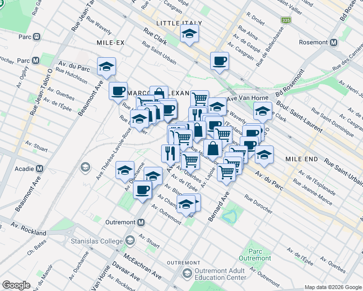 map of restaurants, bars, coffee shops, grocery stores, and more near 1011 Avenue Van Horne in Montréal