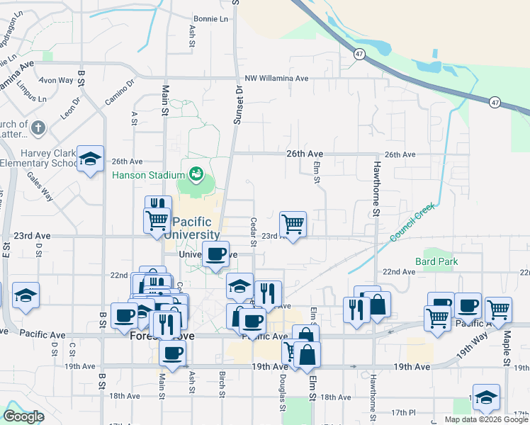 map of restaurants, bars, coffee shops, grocery stores, and more near 2323 Cedar Street in Forest Grove