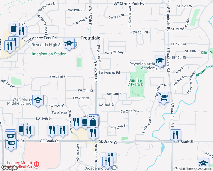 map of restaurants, bars, coffee shops, grocery stores, and more near 2214 Southwest Wright Court in Troutdale