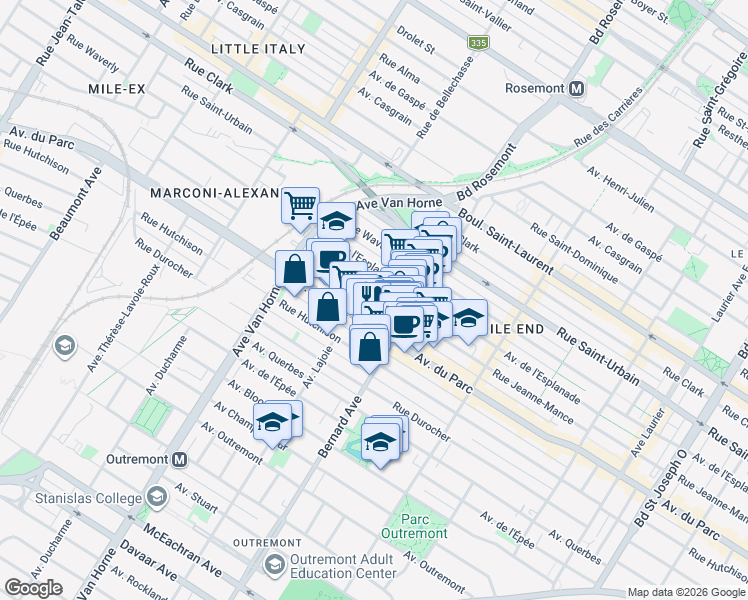 map of restaurants, bars, coffee shops, grocery stores, and more near 5888 Rue Jeanne-Mance in Montréal