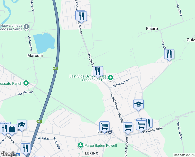 map of restaurants, bars, coffee shops, grocery stores, and more near 81 Via dal Ponte in Torri di Quartesolo