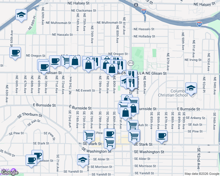 map of restaurants, bars, coffee shops, grocery stores, and more near 322 Northeast 80th Avenue in Portland