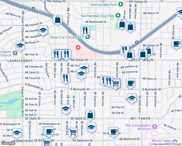 map of restaurants, bars, coffee shops, grocery stores, and more near 5028 Northeast Everett Street in Portland