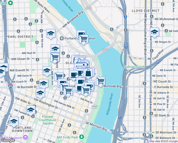map of restaurants, bars, coffee shops, grocery stores, and more near in Portland