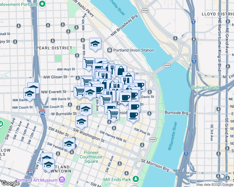 map of restaurants, bars, coffee shops, grocery stores, and more near in Portland
